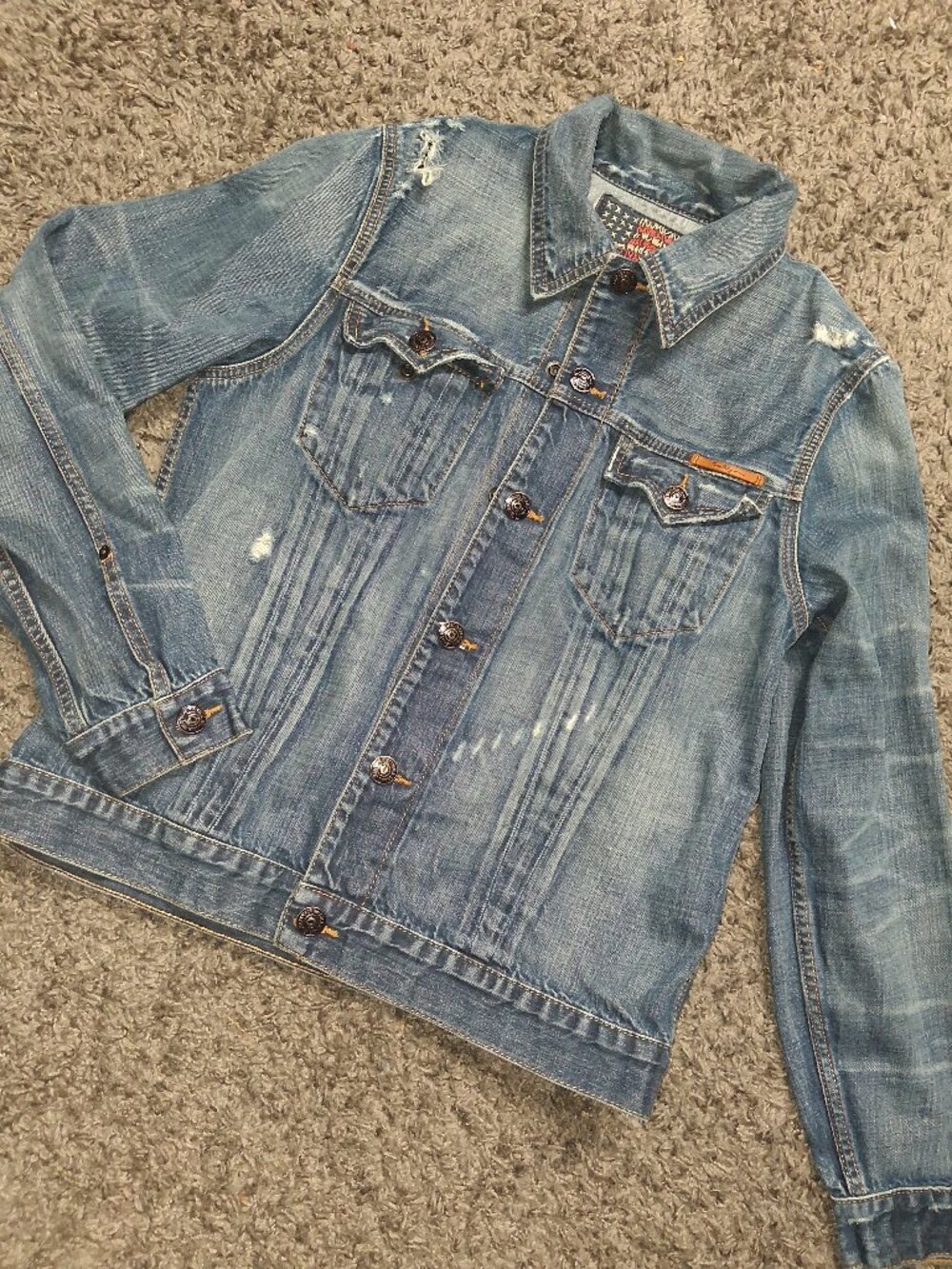 True Religion NWOT Distressed Denim Trucker Jacket American Flag Patch Large